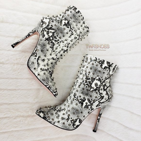 Passion Off White Black Snake Spiked 4.5" High Heel Ankle Boots - Picture 1 of 12
